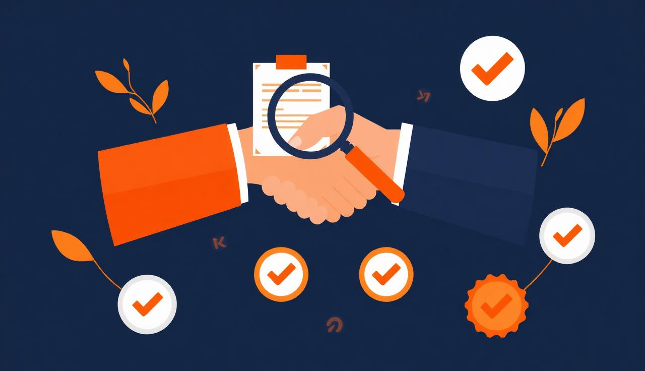 Aperto de mão entre empresa B2B e agência de prospecção ativa com lupa de qualificação de leads e selos de validação