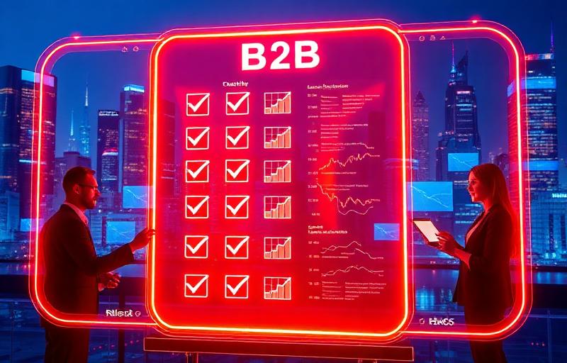 Checklist ilustrada para avaliar empresas de geração de leads B2B, critérios de metodologia, tecnologia, métricas e SLA
