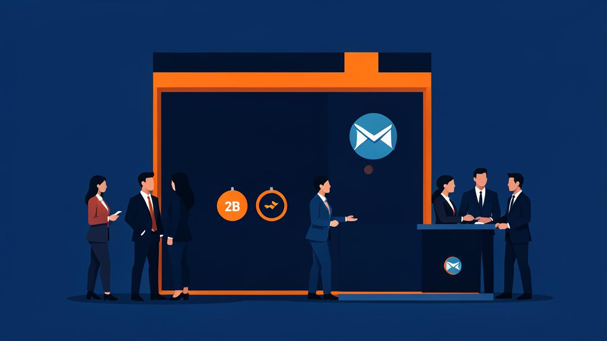 Estande de feira B2B com profissionais trocando contatos e ícone de follow-up por e-mail