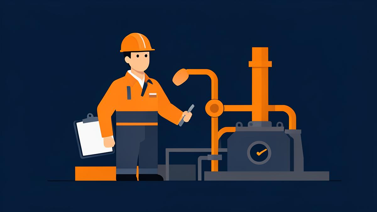 Técnico de manutenção industrial com prancheta ao lado de equipamento e tubulações em ilustração plana