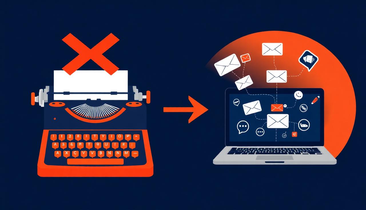 Máquina de escrever antiga descartada e laptop moderno com cadência multicanal, fim do script de prospecção fria tradicional