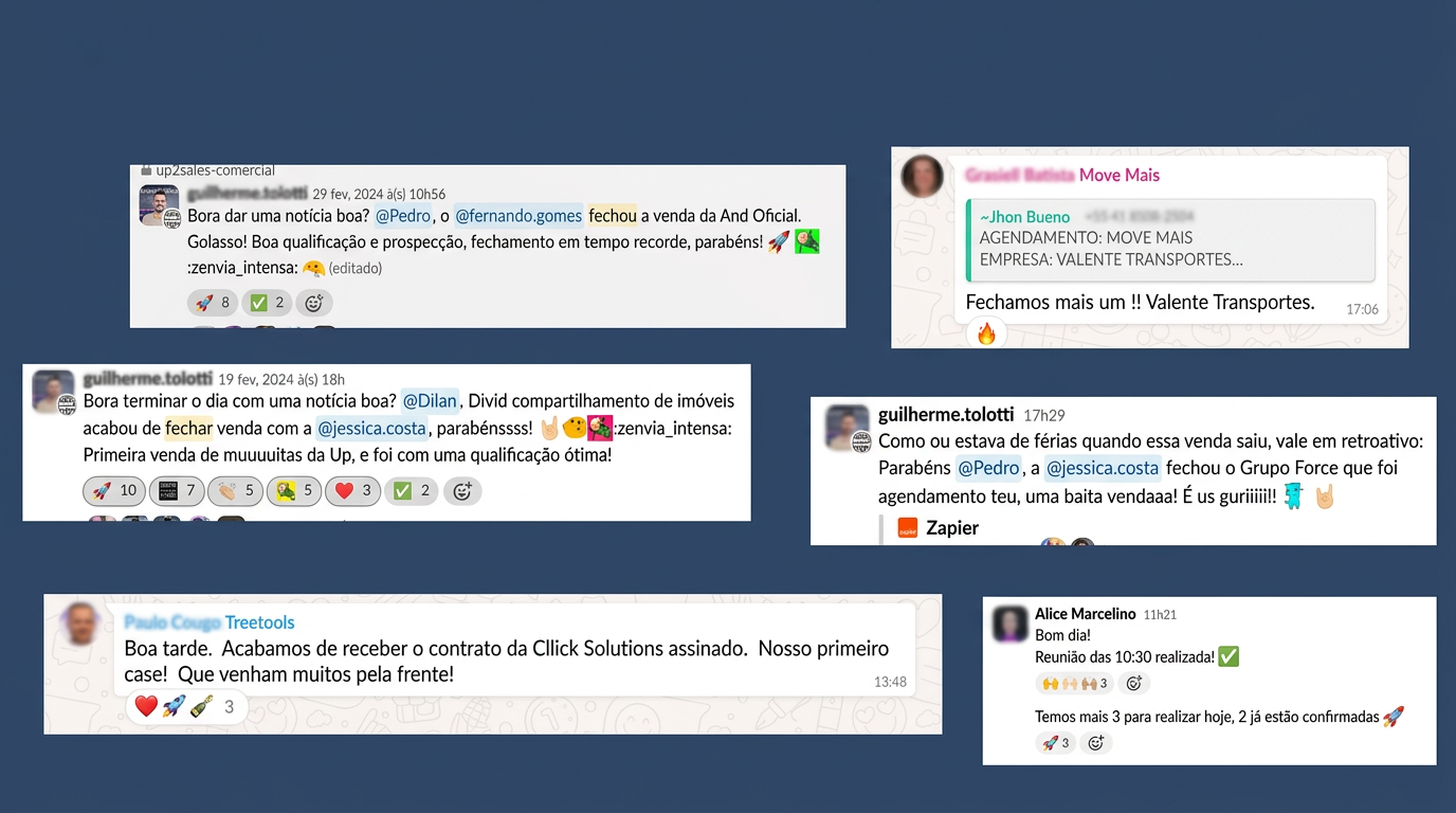 Prints de conversas no Slack e WhatsApp mostrando vendas fechadas, reuniões agendadas e resultados de clientes Up2Sales